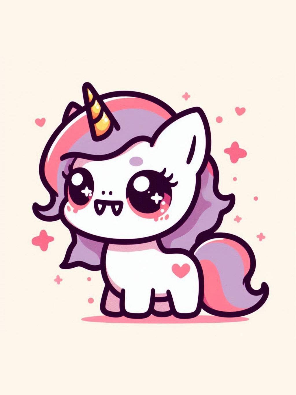 halloween unicorn illustration ideas featuring a cute vampire unicorn with a flowing mane and tiny fangs, surrounded by small pink hearts and stars.